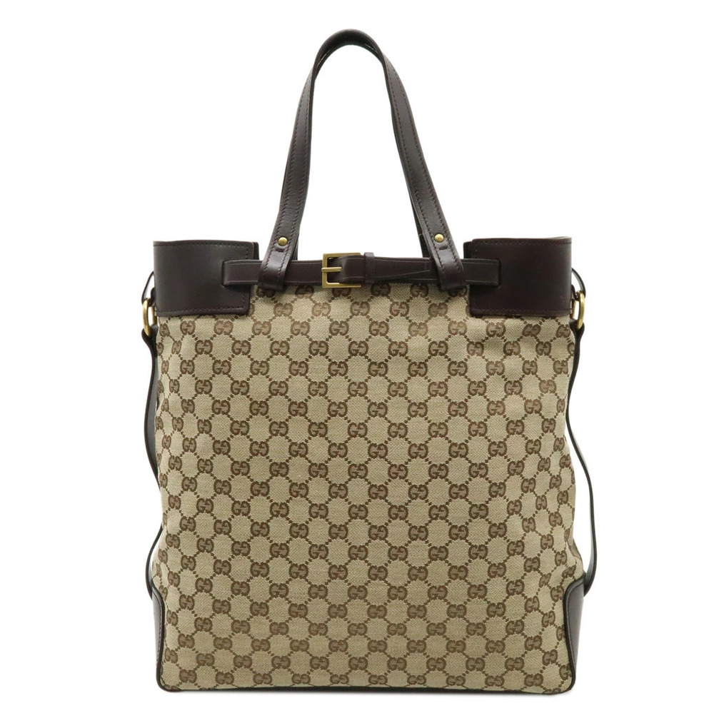 Gucci GG Canvas Tote Bag Shoulder Leather Beige Brown Cream Brown